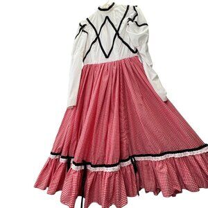 Vintage Prairie Maxi Dress Cottagecore Handmade Gingham Red Mutton Sleeve M/L